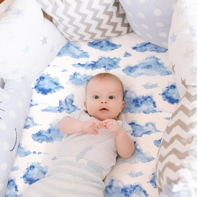 4 Pack Breathable Bassinet Sheets for Baby Boys Neutral Unisex Soft Bassinet Fitted Sheets for Toddler Travel Bassinet (Sky)