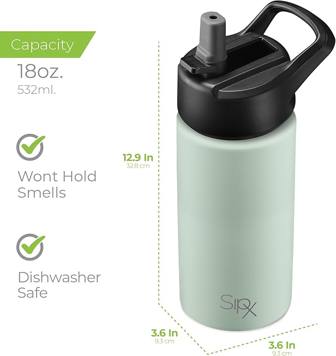 SipX™ Triple-Insulated Stainless Steel Water Bottle 18oz. With 3 Lids, BPA-Free Reusable Insulated Water Bottle Keeps Cold 24 Hours, Metal Water Bottle Made Of Sustainable Material For Hiking & Biking
