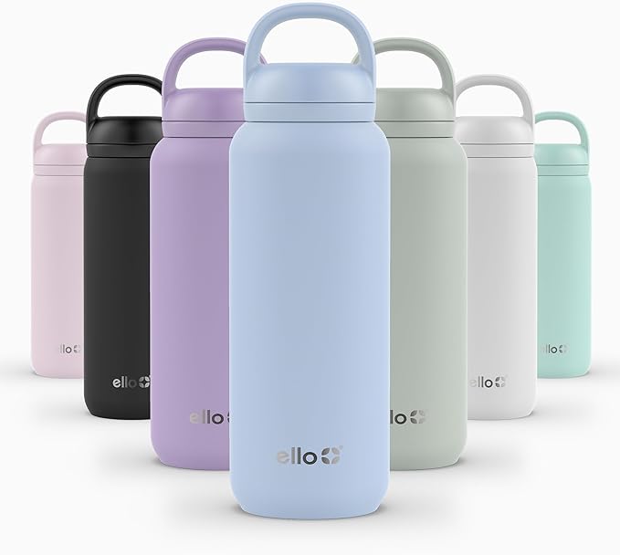 Ello Cooper Twist 32oz Stainless Steel Water Bottle with Chug Lid | Leak Proof | Double Walled and Vacuum Insulated | Built in Carry Loop | Dishwasher Safe | Halogen Blue