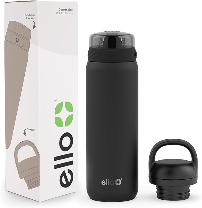 Ello Cooper 22oz Stainless Steel Water Bottle with 2 Lids Chug and Straw | Leak Proof Double Walled and Vacuum Insulated | Fits Car Cupholder | Built in Carry Loop | Dishwasher Safe | Black
