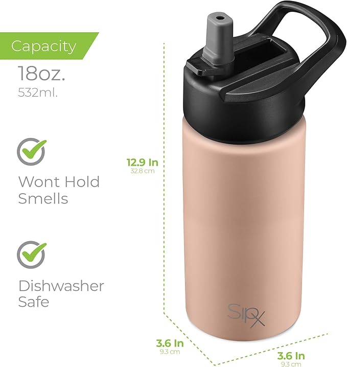 SipX™ Triple-Insulated Stainless Steel Water Bottle 18oz. With 3 Lids, BPA-Free Reusable Insulated Water Bottle Keeps Cold 24 Hours, Metal Water Bottle Made Of Sustainable Material For Hiking & Biking