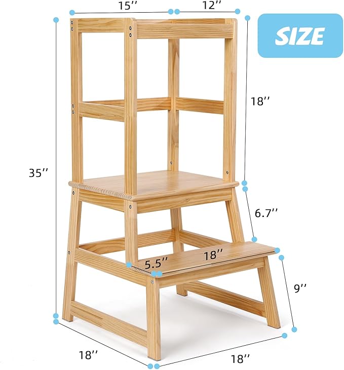 Kids Kitchen Step Stool, Standing step stool with Safety Rail for Toddlers 18 Months and Older, Safety Anti-Slip Protection, Removable Step Stool for Adult Use, Natural