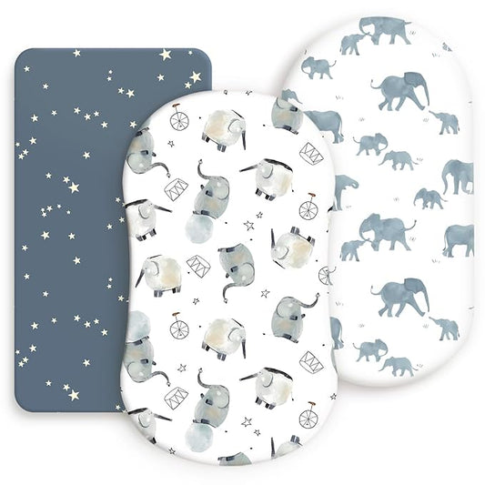 Stretchy Ultra Soft Fitted Bassinet Sheets Set 3 Pack, Universal Fit for Bassinets Baby Cradle Moses Basket Oval Rectangle Mattress Safe and Snug, Stylish Bassinet Sheet of Elephant Print