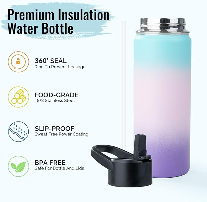 Stainless Steel Water bottle with Straw & Wide Mouth Lid, Wide Rotating Handle, 24oz Double Wall Vacuum Insulated Water Bottle Leak Proof, BPA Free, Keep Cold and Hot, 24oz, Purple Gradient