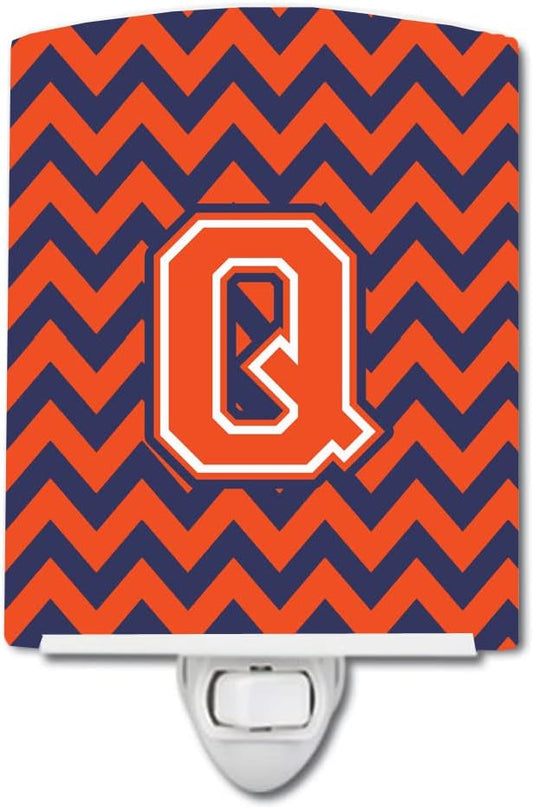 Caroline's Treasures CJ1042-QCNL Letter Q Chevron Orange and Blue Ceramic Night Light Compact, UL-Certified, Ideal for Bedroom, Bathroom, Nursery, Hallway, Kitchen, 6x4x3, Multicolor