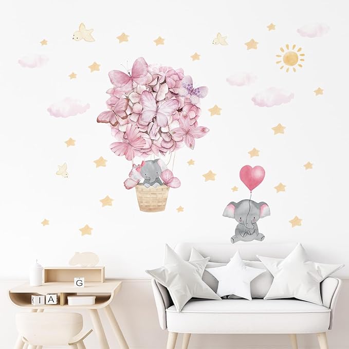 Pink Butterfly Hot Air Balloon Elephant Wall Decor for Baby Girl Room Star Cloud Nursery Wall Decal Stickers