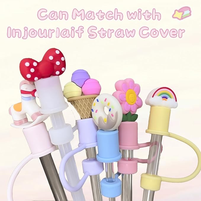Straw Cover for Stanley Cup for Simple Moder 40 oz Trek, 10mm Silicone Straw Cap with 7Pcs Detachable Cute Charms, Dust Proof Topper Stopper Accessories for 0.4inch/10mm Straws Sweet Dream
