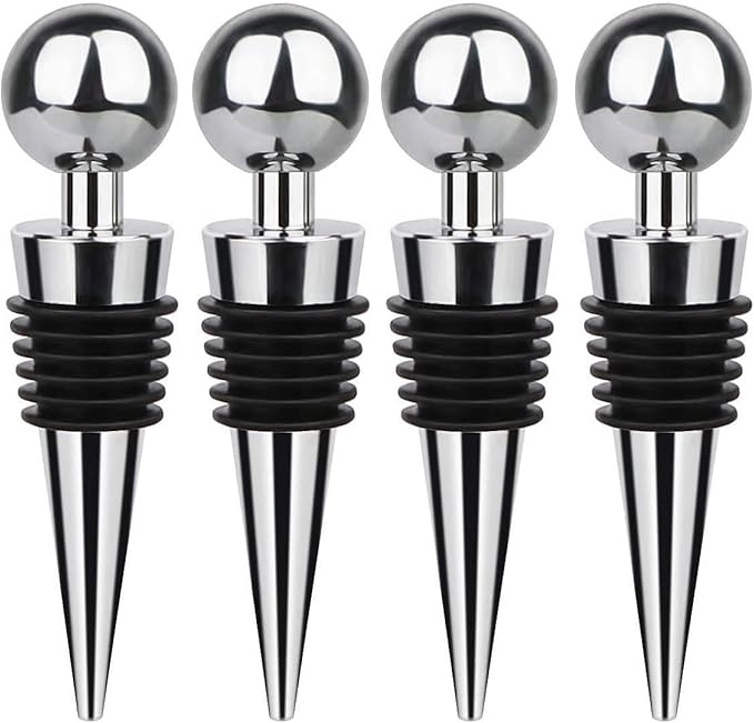 Seal Wine Stoppers, 4-Pack - Durable Silicone & Stainless Steel Wine Bottle Corks, Reusable & Leakproof, Keeps Wine Fresh, Fits Standard Bottles (Silver)