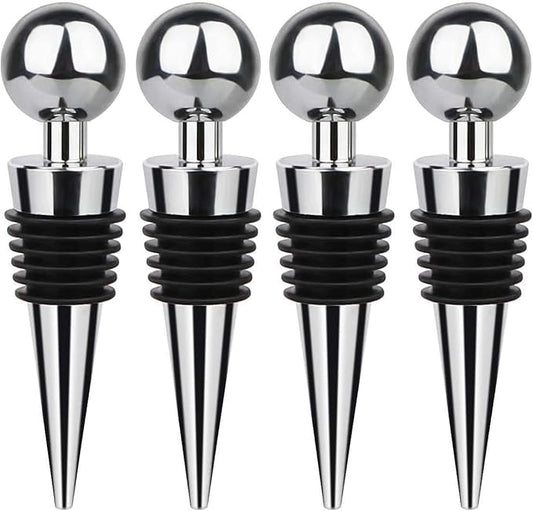 Seal Wine Stoppers, 4-Pack - Durable Silicone & Stainless Steel Wine Bottle Corks, Reusable & Leakproof, Keeps Wine Fresh, Fits Standard Bottles (Silver)