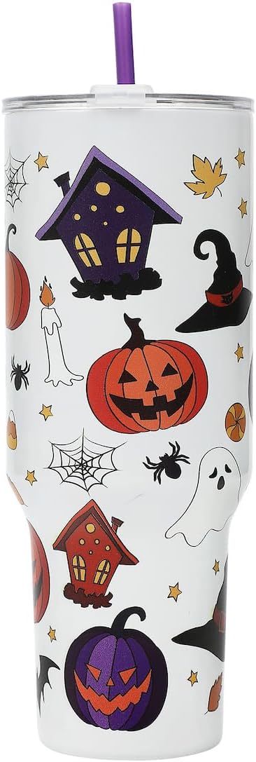 Bioworld Halloween Spooky Icons 40 Oz White Stainless Steel Tumbler With Handle