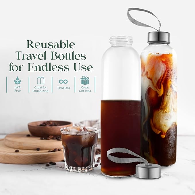 32 oz Glass Water Bottle Set of 6 - Glass Water Bottles Caps & Sleeve, Reusable Glass Bottle Lids, Clear Glass Bottles, Refillable Glass Juice Bottles for Juicing, Juicer Bottles