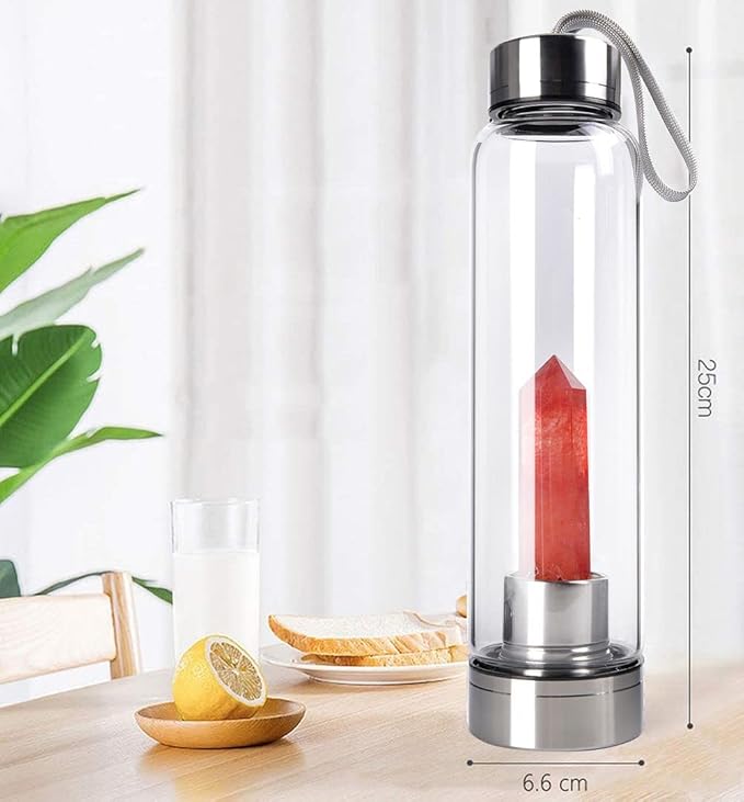 Crystal Glass Water Bottle, Glass Water Bottle with Changeable Natural Crystal Center, Quartz Gemstone Water Bottle for Natural