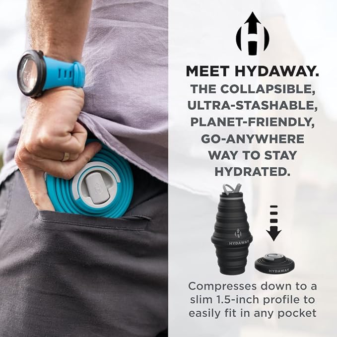 HYDAWAY Collapsible Water Bottle - 25oz I Reusable Water Bottle with Flip Top Lid for Travel, Hiking, Backpacking I Portable & Leakproof, Food-Grade Silicone, BPA Free, Collapses to 1.5” (Bluebird)