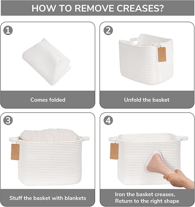 Goodpick Rope Basket, Storage Baskets for Organizing, Rectangle Baby Nursery basket with Handles, Small Woven Basket for Shelves, Living Room, 13 x 10 x 9 Inches, White