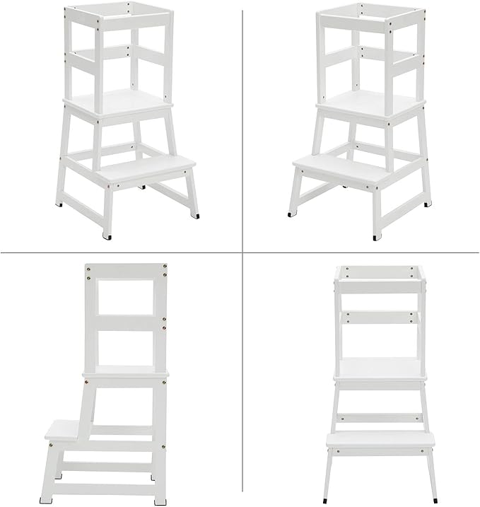 Kitchen Step Stool for Toddlers and Kids with Safety Rails for Kitchen Counter Solid Wood (White)