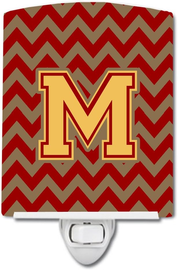Caroline's Treasures CJ1048-MCNL Letter M Chevron Garnet and Gold Ceramic Night Light Compact, UL-Certified, Ideal for Bedroom, Bathroom, Nursery, Hallway, Kitchen, 6x4x3, Multicolor