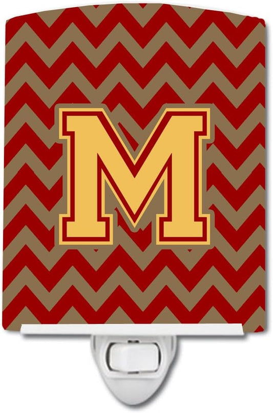Caroline's Treasures CJ1048-MCNL Letter M Chevron Garnet and Gold Ceramic Night Light Compact, UL-Certified, Ideal for Bedroom, Bathroom, Nursery, Hallway, Kitchen, 6x4x3, Multicolor