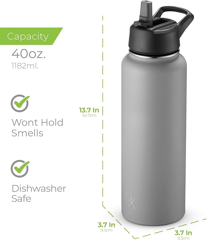 SipX™ Triple-Insulated Stainless Steel Water Bottle 40oz. With 3 Lids, BPA-Free Reusable Insulated Water Bottle Keeps Cold 24 Hours, Metal Water Bottle Made Of Sustainable Material For Hiking & Biking
