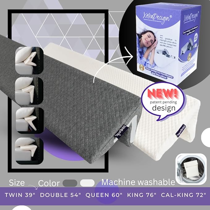 Bed Wedge Pillow for headboard Mattress Gap DuoWedge lux. (White, Queen 60") The Perfect Filler for Gaps up to 7"