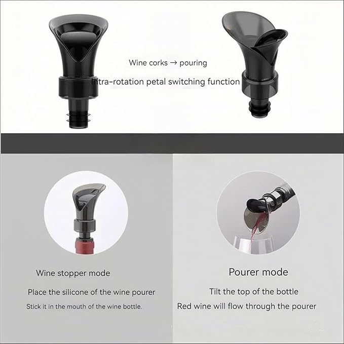 GeRRiT Black Wine Stopper Creative Petal Type Red Wine Vacuum Preservation Stopper Wine Pourer 2-in-1 Decanter Quick Wine Primer, Ideal Gift Accessories, short