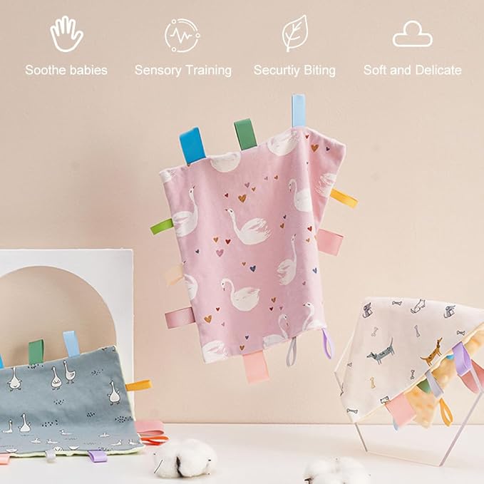 Baby Tags Security Blanket, Sensory Soothing Blanket with Tags,Dotted Backing Taggies Blanket for 3-12 Months Boys and Girls. (Car)