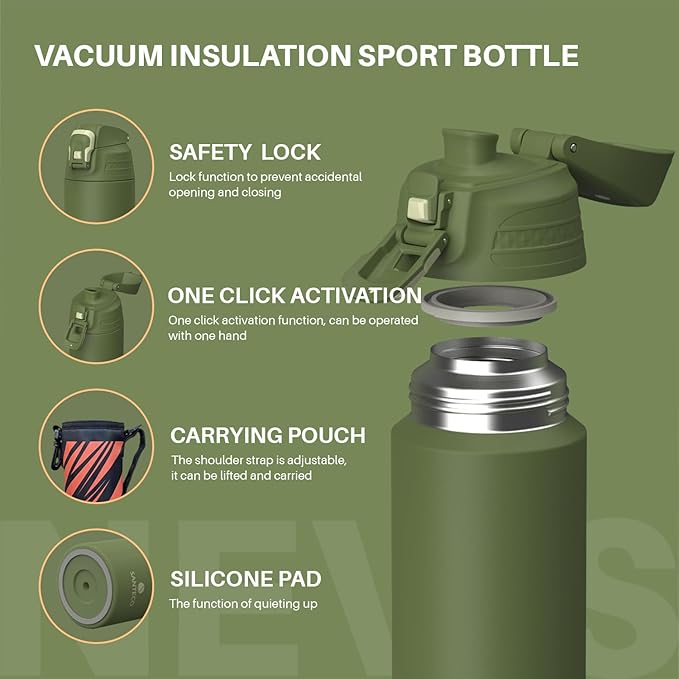 Insulated Sports Water Bottle, Stainless Steel Water Bottles with Locking Flip Top Lid, Insulated Bottle with Double-Wall Vacuum Insulation for Fitness and Outdoor Enthusiasts