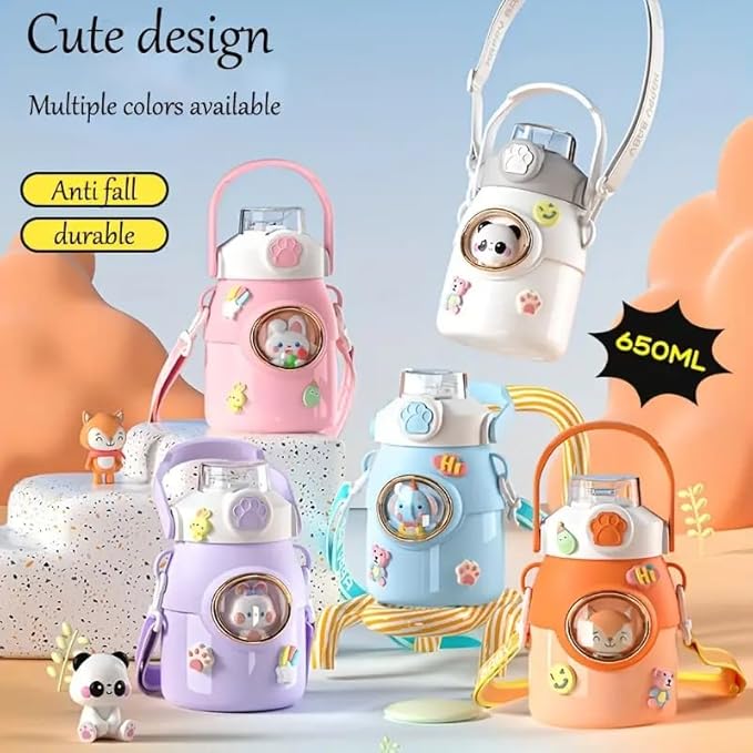 Cute Water Bottle with Strap and Straw 22oz Aesthetic Kawaii Water Bottles BPA-free Leak-proof Insulated Water Bottles for Girls Sports Travel(White), 3.93*6.69 inch