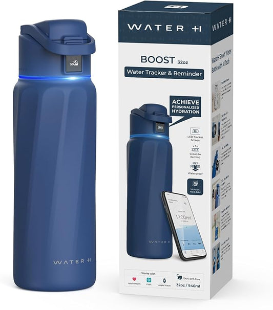 BOOST Smart Water Bottle with Reminder to Drink Water & Water Tracker Bottle - Double Wall Vacuum Insulated Water Bottle Stainless Steel, Wide Mouth 32 oz Water Bottles, Ideal for Gift - Blue
