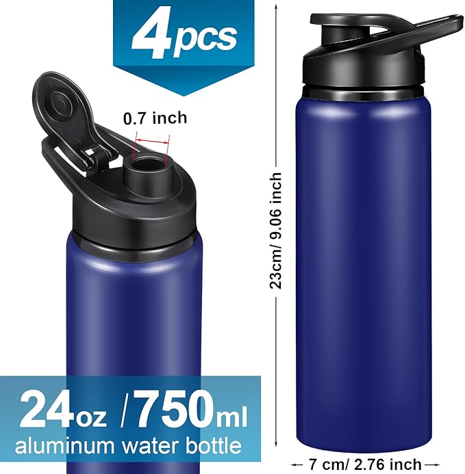 CHENGU 4 Pcs Aluminum Water Bottle 24oz Aluminum Reusable Bottles Lightweight Snap Lid Sports Water Bottle Multipack Easy Carry Leak Proof Travel Bottle for Gym Camping Hiking Outdoor Fishing (Blue)