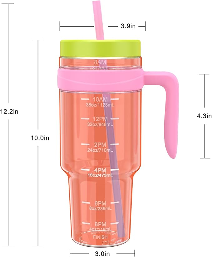 Tronco 50 oz Tritan Plastic Tumbler with Lid and Straw, BPA-Free Reusable Clear Water Bottle with Time Marker, 100% Leak Proof & Wide Mouth for Iced Coffee, Juice, Bubble Tea, Smoothies