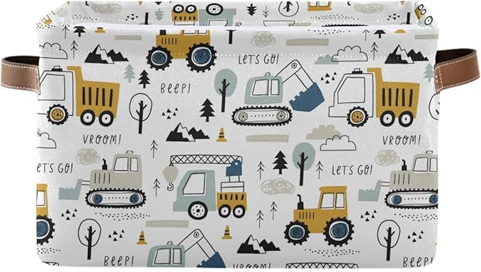 Excavator Truck Toy Storage Basket Fabric Kitchen Baskets Cars Boys Toys Open Home Storage Bins Boxes Foldable Organizer Bag for Baby Cloth Book Shelf Closet Baskets 16×12×8 Inches