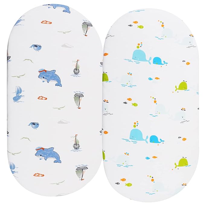 Bassinet Sheets Fit for Graco Travel Lite, Fodoss, Cloud Baby, RICUTON, Yacul and Simmons Kids Bassinet(not for Twins), 2 Pack, 100% Jersey Knit Cotton 190GSM, Ultra Soft Breathable, Dolphin & Whale