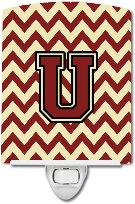 Caroline's Treasures CJ1061-UCNL Letter U Chevron Maroon and Gold Ceramic Night Light Compact, UL-Certified, Ideal for Bedroom, Bathroom, Nursery, Hallway, Kitchen, 6x4x3, Multicolor