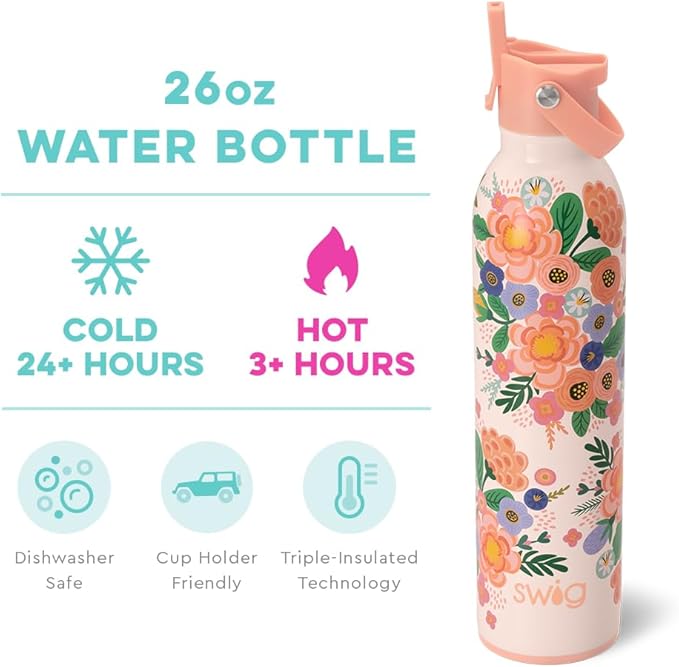 Swig Life 26oz Insulated Water Bottle with Straw & Flip + Sip Handle | Leak Proof, Dishwasher Safe, Cup Holder Friendly, Stainless Steel Water Bottle in Full Bloom