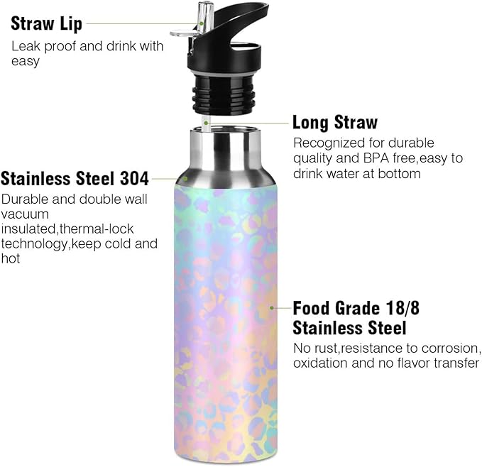 senya 34 Oz Water Bottle with Straw Rainbow Leopard Print Neon Stainless Steel Water Bottle for Traveling Sports Leakproof Insulated Water Bottle