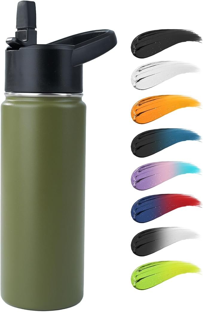 Stainless Steel Water bottle with Straw & Wide Mouth Lid, Wide Rotating Handle, 18oz Double Wall Vacuum Insulated Water Bottle Leak Proof, BPA Free, Keep Cold and Hot, 18oz, Army Green