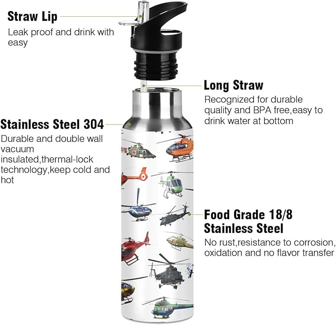 Helicopter Stainless Steel Water Bottle with Straw Lid - 20 Oz Sports Insulated Water Bottle Thermos for Sport Gym Outdoor Travel School