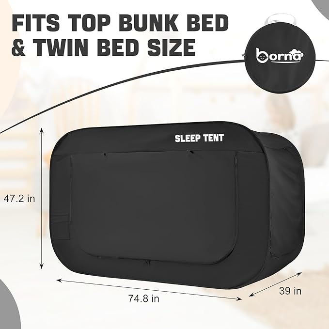 BORNA Bed Canopy Bed Tent Dream Tents Autism Shelter Cabin Indoor Sleeping Tents Privacy Warm Breathable Pop Up Twin Size Double Door with Mosquito Mesh Window for Kids and Adult (Black)