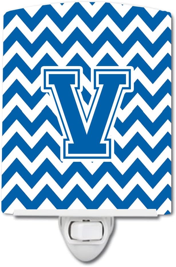 Caroline's Treasures CJ1056-VCNL Letter V Chevron Blue and White Ceramic Night Light Compact, UL-Certified, Ideal for Bedroom, Bathroom, Nursery, Hallway, Kitchen, 6x4x3, Multicolor
