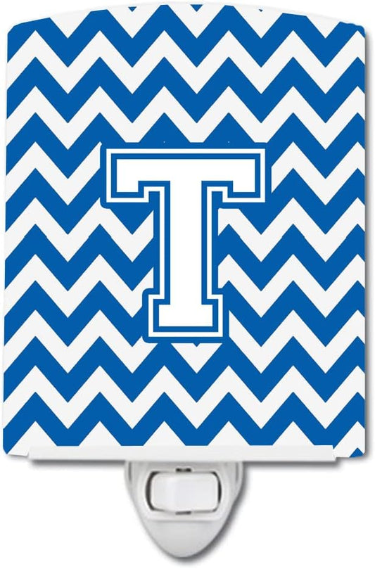Caroline's Treasures CJ1045-TCNL Letter T Chevron Blue and White Ceramic Night Light Compact, UL-Certified, Ideal for Bedroom, Bathroom, Nursery, Hallway, Kitchen, 6x4x3, Multicolor