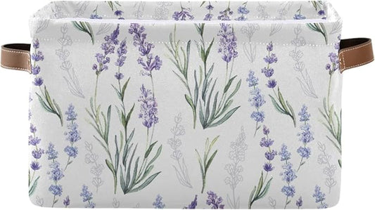 Lavender Flowers Storage Basket Fabric Storage Bin Laundry Baskets, Leaves Green Purple Foldable Storage Boxes Organizer Bag for Baby Cloth Dog Toy Book Storage Cubes Shelf Closet Basket 16×12×8