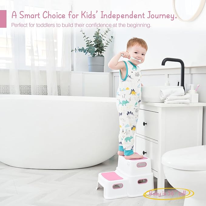 Pink Toddler Step Stool for Toilet, Two Step Stool for Kids Bathroom with Handle for Potty Training, Non-Slip Girls Small Heavy Duty Plastic Stool for Sink Bed Kitchen Counter (White-Pink)