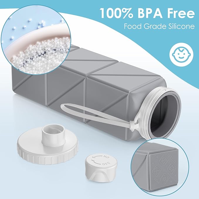 Collapsible Water Bottles,BPA-Free Leak-Proof Silicone Foldable Water Bottle Cup 20.6oz,Durable Lightweight Bottle for Gym Travel Camping Hiking Running (Grey)