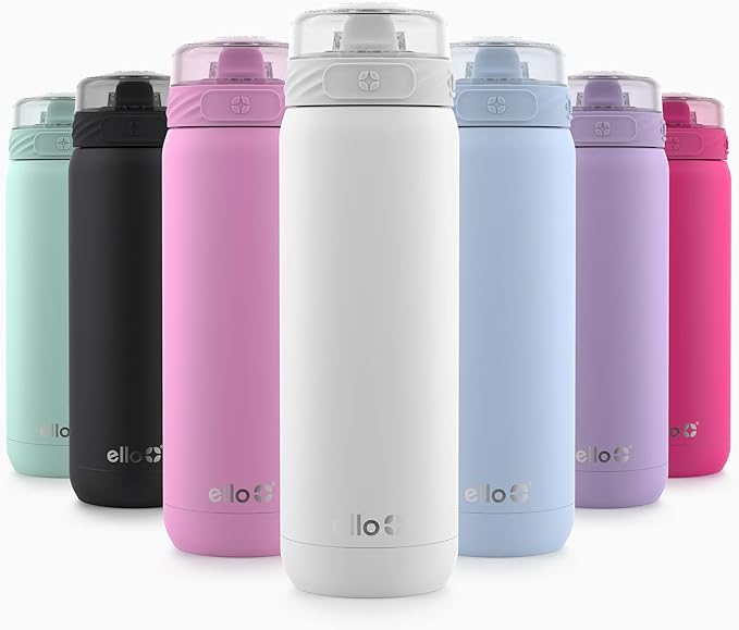 Ello Cooper 22oz Stainless Steel Water Bottle with Straw and Carry Handle, Double Walled and Vacuum Insulated Metal, Leak Proof Locking Lid with Soft Silicone Spout, Reusable, BPA Free, White