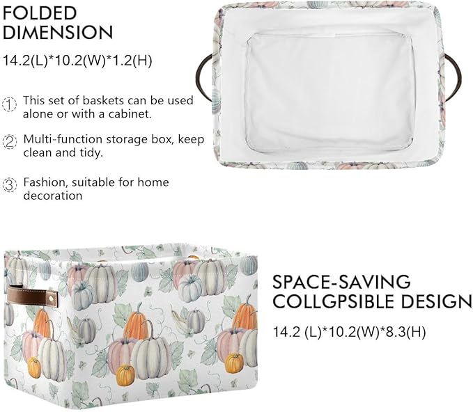 Fall Pumpkin Storage Basket Fabric Kitchen Baskets Autumn Maple Leaves Open Home Storage Bins Boxes Foldable Organizer Bag for Baby Cloth Pet Toy Book Shelf Closet Baskets 16×12×8 Inches
