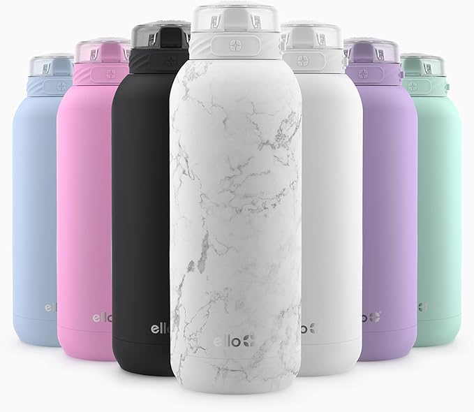 Ello Cooper 32oz Stainless Steel Water Bottle with Straw and Carry Handle, Double Walled and Vacuum Insulated Metal, Leak Proof Locking Lid with Soft Silicone Spout, Reusable, BPA Free, White Marble