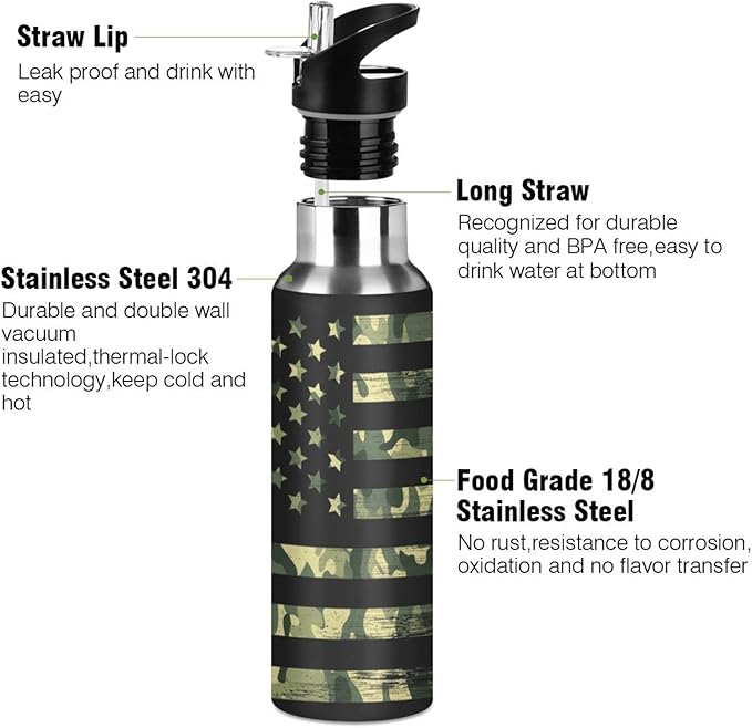 senya 20 Oz Water Bottle with Straw Usa Flag Camouflage Vintage Stainless Steel Water Bottle for Traveling Sports Leakproof Insulated Water Bottle