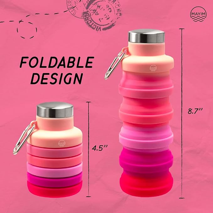 Mayim Collapsible Water Bottles Silicone Travel Tumbler with Clip for Backpack, Reusable Portable Sport Water Bottle for Gym, Camping, Hiking or Airport, 17 Oz Red Tie Dye