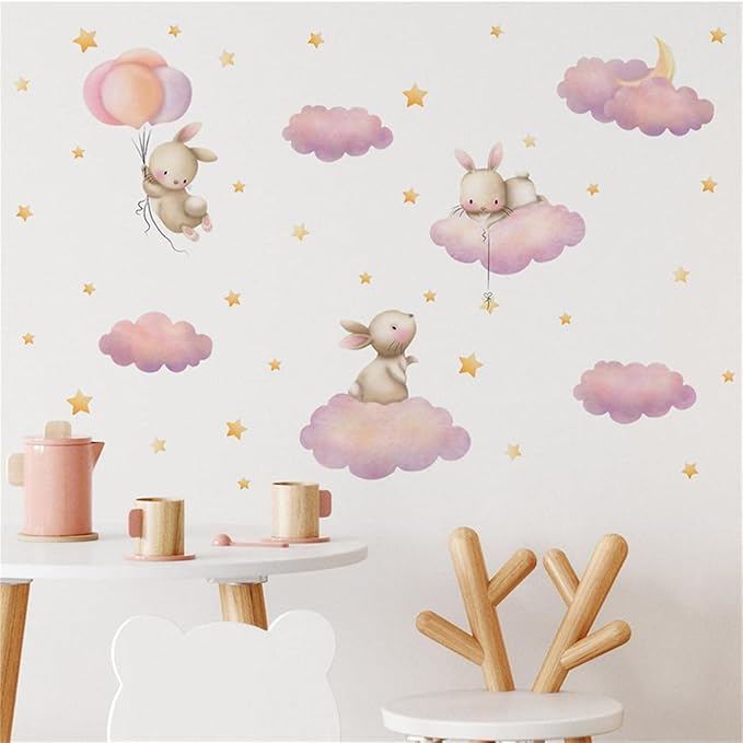 Rabbit Cloud Star Wall Stickers for Bedroom Girls Room Bunny Moon and Stars Nursery Decor Wall Decal