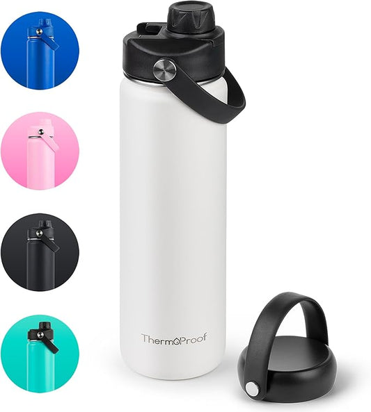 ThermoProof Hot & Cold Insulated Stainless Steel Water Bottle, Durable Leak Proof Gym Bottles for Men, Women & Kids, Double Walled Vacuum Bottles - 2 Lids (White, 22oz)